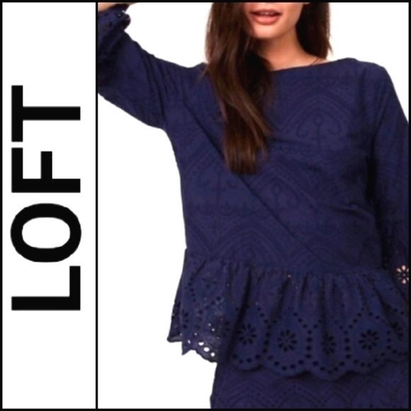𝅺ANN TAYLOR LOFT Navy Eyelet Peplum Blouse Top Medium. - Picture 1 of 6